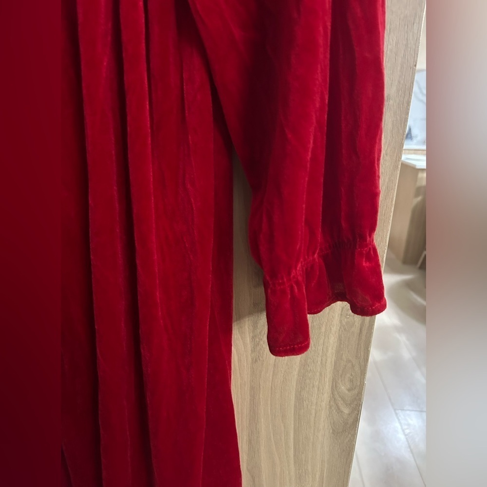 Vintage 80s JC Penney Medium Robe Long Red Velour 1/2 Zip Stretch Gown Robe - Picture 3 of 6